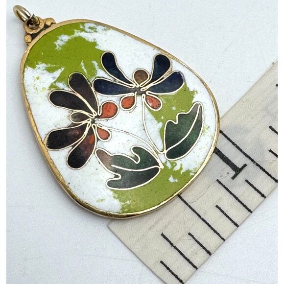 Vintage Cloisonné Enamel Floral Pendant With Gold-Tone Trim - Picture 3 of 8